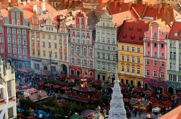 Wroclaw Vigtigste Torv Rynek Med Traditionelt Festligt Julemarked Udsigt Fra - Stock-foto