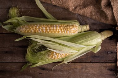 Eski ahşap bir masada taze çiğ mısır. Sonbahar hasadı hala karanlık bir ruh hali içinde..