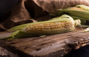 Eski ahşap bir masada taze çiğ mısır. Sonbahar hasadı hala karanlık bir ruh hali içinde..