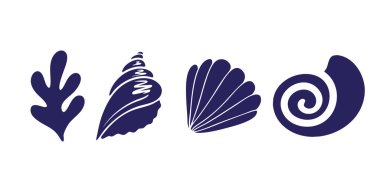 Deniz kabuğu ve Mercan Vektör Simgeleri Ayarlandı. Minimum deniz kabuğu ve mercan simgeleri düz bir şekilde. Dekoratif deniz unsurları yaz tasarımları, plaj partisi grafikleri, ambalajlar, logolar için mükemmeldir..