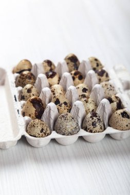 Beyaz arka planda paskalya bıldırcın yumurtaları. Metin için boşluk