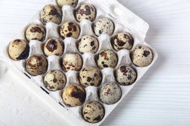 Beyaz arka planda paskalya bıldırcın yumurtaları. Metin için boşluk