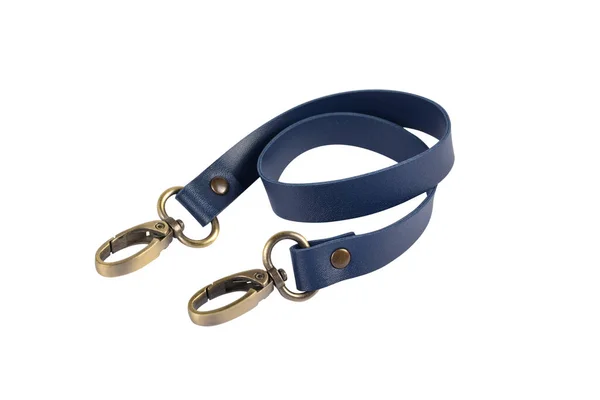 Blauwe Lederen Riem Met Karabijn Metalen Accessoires Geïsoleerd Witte Achtergrond — Stockfoto