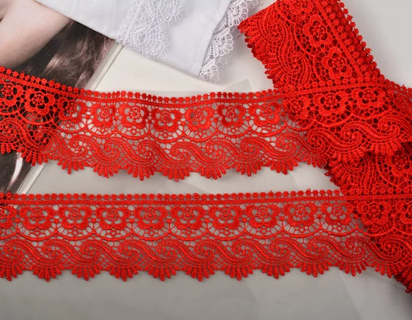 Cintas Guipur Suave Rojo Tela Encaje Belleza Material Elástico Usando — Foto de Stock