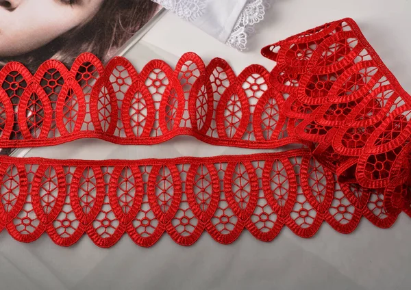 Cintas Guipur Suave Rojo Tela Encaje Belleza Material Elástico Usando — Foto de Stock