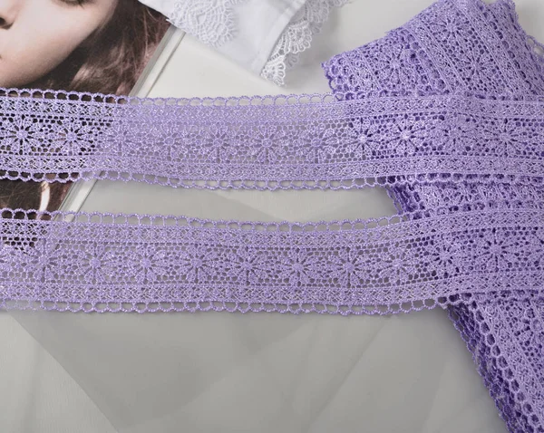 Cintas Guipur Suave Púrpura Tela Encaje Belleza Material Elástico Usando — Foto de Stock