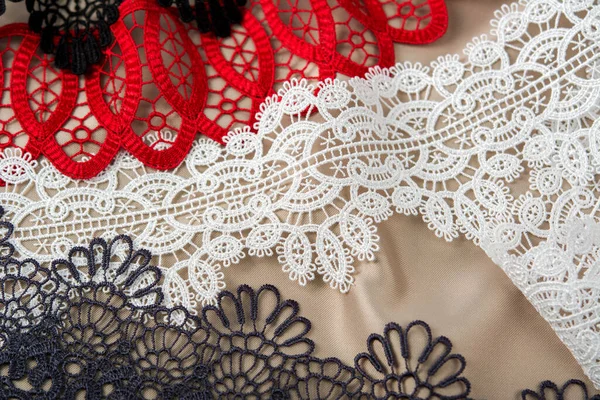 Pile Red White Black Gray Gentle Luxury Quality Guipure Lace — Stock Photo, Image