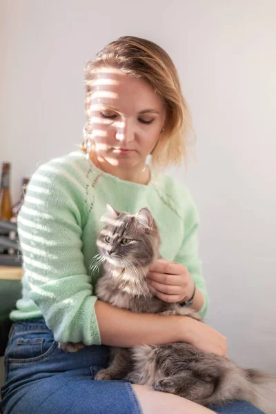 Close Handsome European Young Woman Green Sweater Gray Domestic Cat — Stock Photo, Image