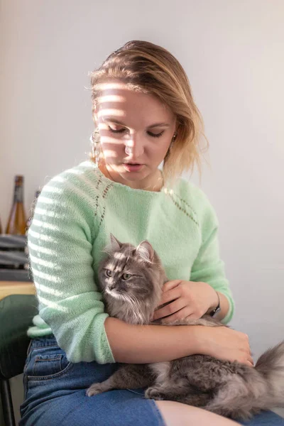 Zbliżenie Przystojnej Europejskiej Młodej Kobiety Zielonym Swetrze Szarym Kotem Domowym — Zdjęcie stockowe