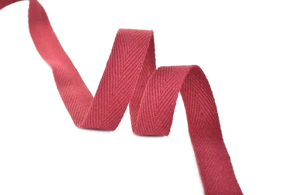 Red Twisted Ribbon Cotton Keeper Braid White Background Tape Sewing — Stock Photo, Image