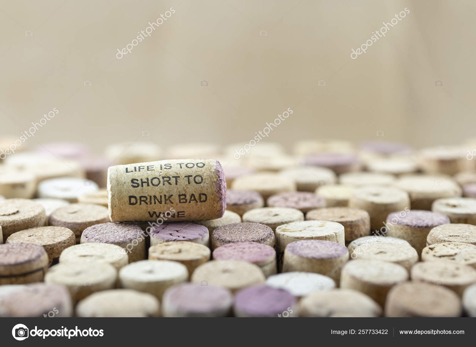 Closeup Macro Cork Sign Life Too Short Drink Bad Wine Stock Photo by