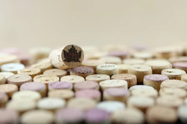 Closeup Macro Cork Printed Canadian Maple Leaf Wine Corks Mosaic — Stock Photo, Image