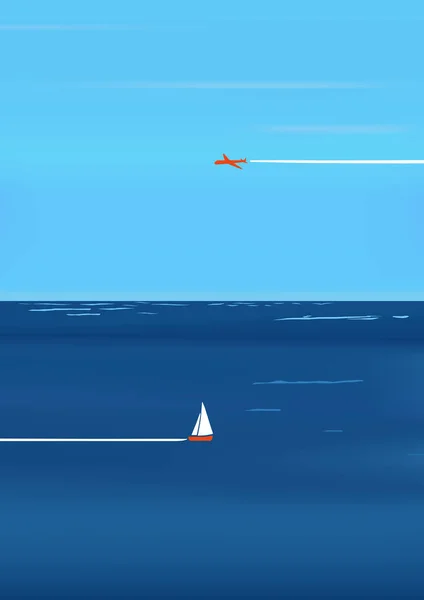 Yelkenli tekne ve gökyüzüne seyahat uçak ile minimalist deniz ya da okyanus arka. Vektör çizim 
