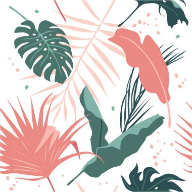 Beyaz arkaplanda renkli tropik yaprak deseni. 