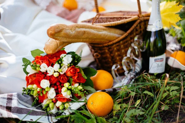 Sağlıklı gıda, şarap ve aksesuarları açık yaz veya bahar pikniği