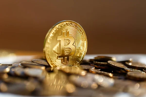 Güneşin altın Bitcoin closeup parıldamaktadır. Paralar