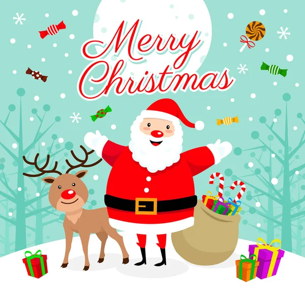 Санта Клаус Оленями Святкування Різдва Зимовому Пейзажі — стоковий вектор