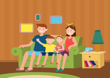 Aile oturup birlikte oturma odası çizimde