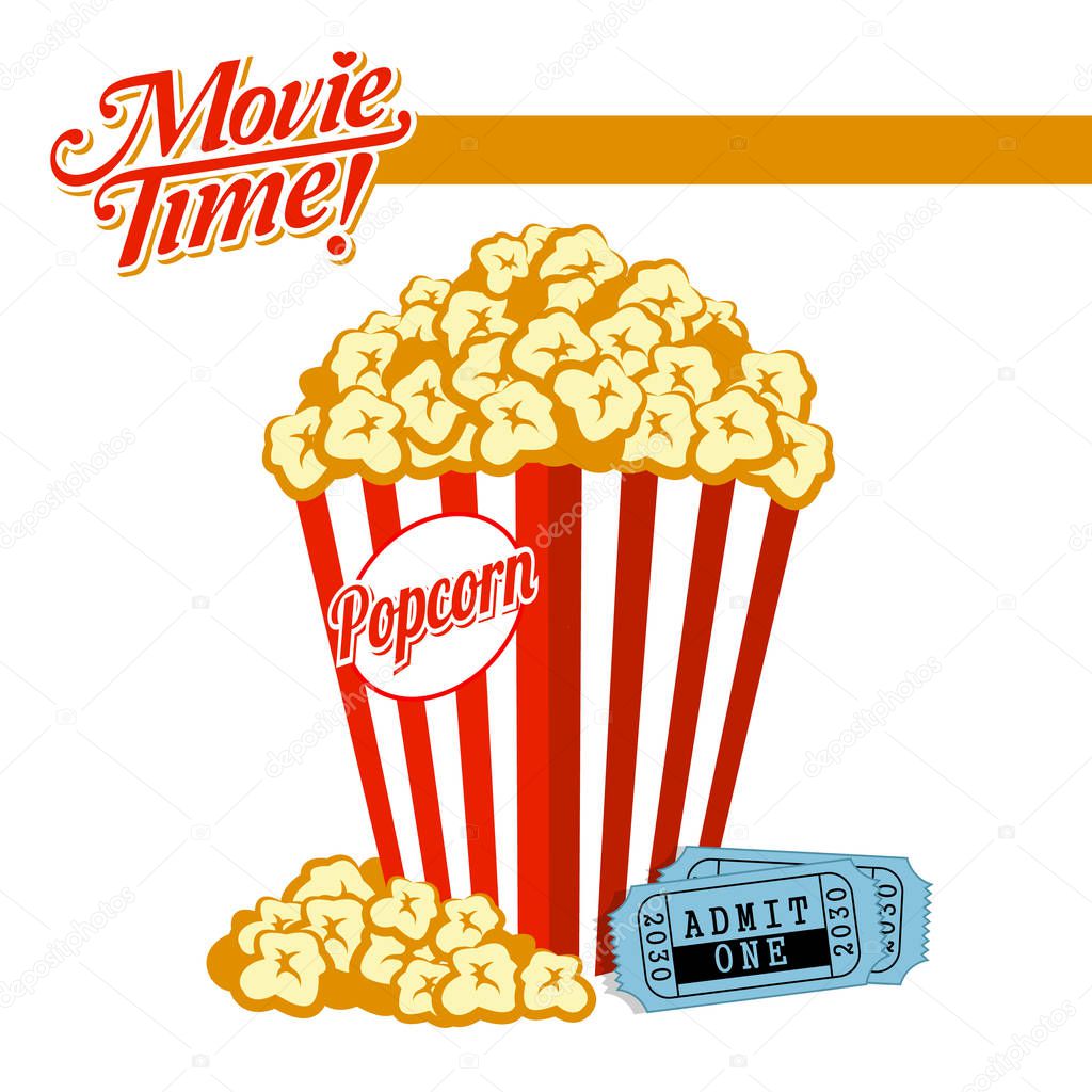 Cinema illustration with popcorn and movie ticket.