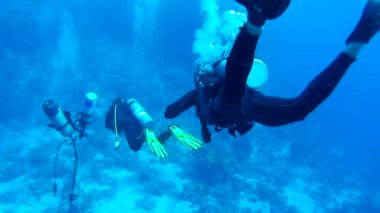 İki dalgıçlar birbiri ardına alt ve mercan, Red Sea, Mısır arka plan karşı izleyin