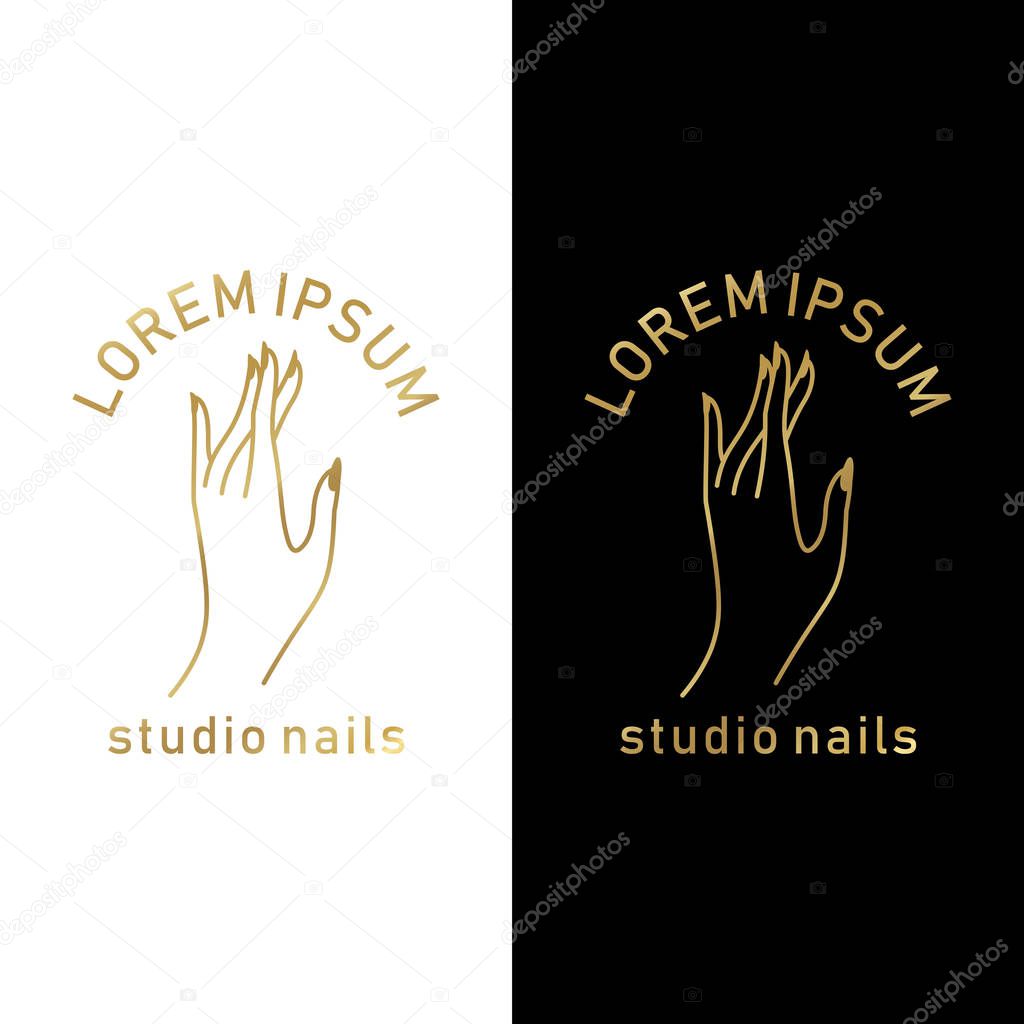 Vector gold emblem with a female hand in a trendy minimalist linear style. logo for a beauty salon or a manicurist.  template for packaging hand cream or nail Polish, nail, soap, beauty store.