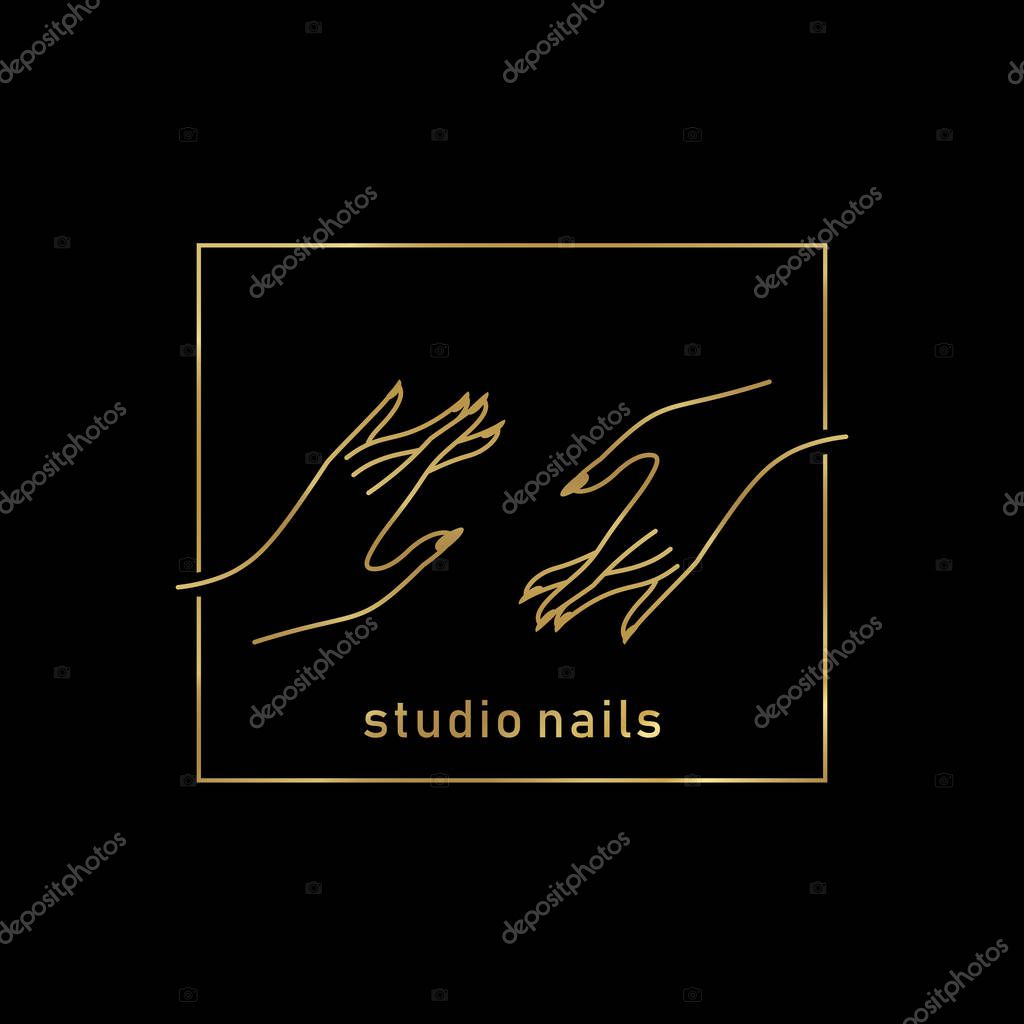Vector gold emblem with a female hand in a trendy minimalist linear style. logo for a beauty salon or a manicurist.  template for packaging hand cream or nail Polish, nail, soap, beauty store.