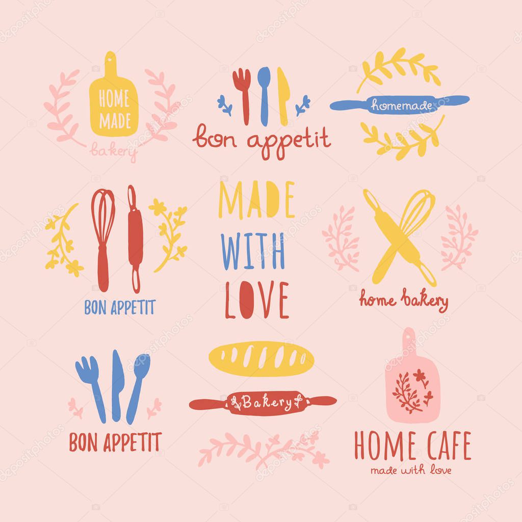 Vector set of bakery labels. Graphic logos for home baking. Black and white icons of kitchen elements in hand draw, Doodle style.