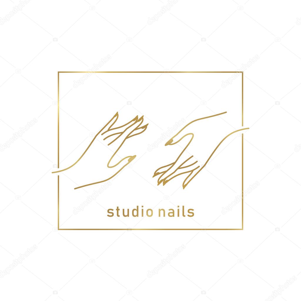 Vector gold emblem with a female hand in a trendy minimalist linear style. logo for a beauty salon or a manicurist. template for packaging hand cream or nail Polish, nail, soap, beauty store.