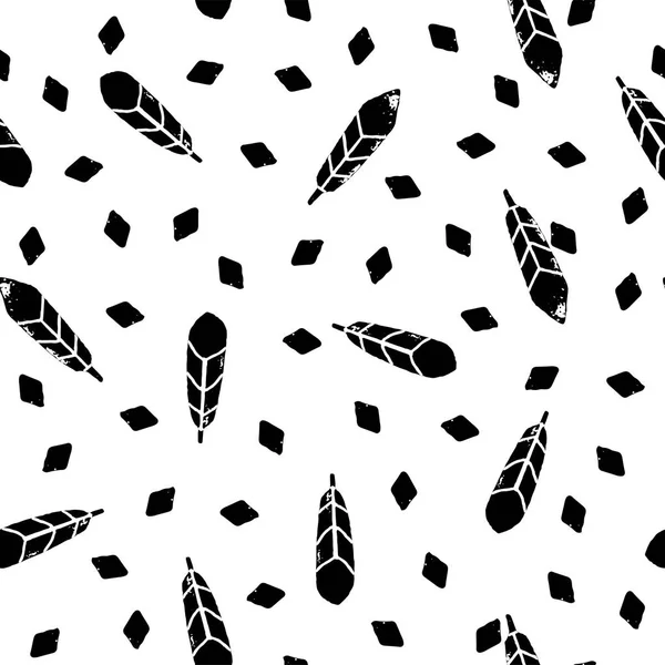 Vector hand Draw sömlösa mönster med fjädrar och diamanter på vit bakgrund. — Stock vektor