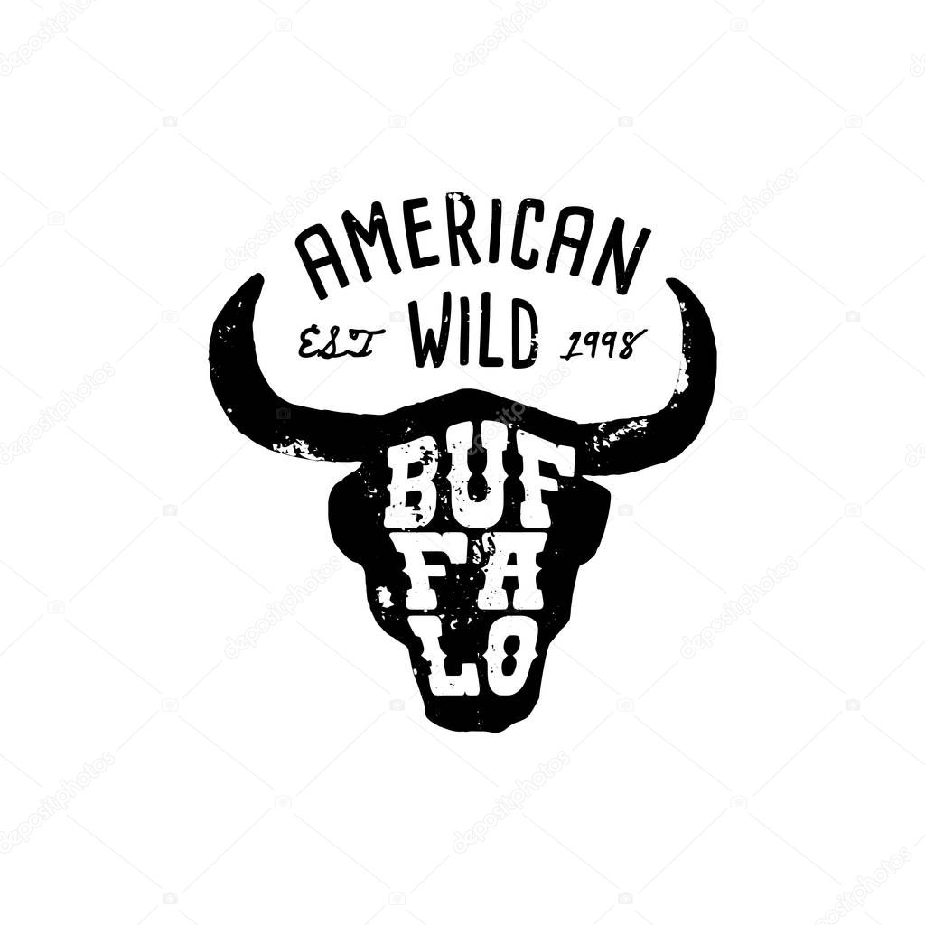 Western Logo Skull Buffalo head Draw Grunge style. Wild West symbol sing of a cow's Horns and Retro Typography.