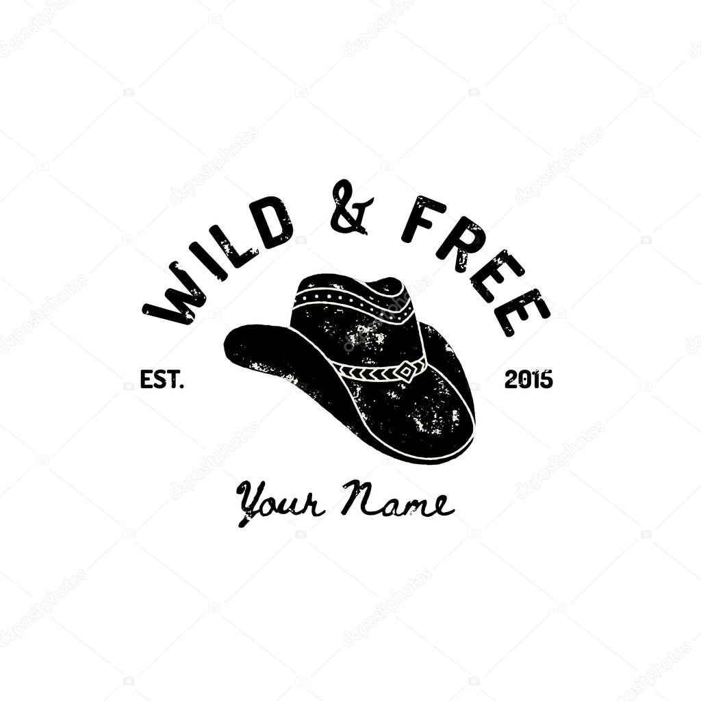 Vintage Western Cowboy Hat Logo. Vector Symbol of the wild West, Texas. US label Retro Typography Grunge Style.