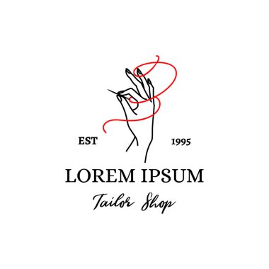 Logo terzi Dükkanı. Bir Iğne ve kırmızı Iplik anahat stili ile kadın el vektör amblemi