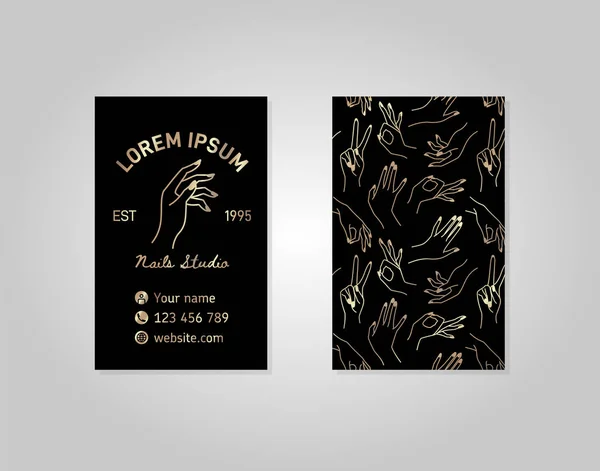 Double-sided black gold business card with a female hand in a trendy linear style. Vector logo