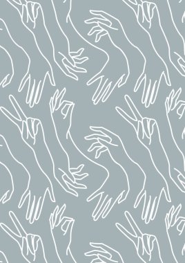 Kadınların el çizgisi mavi ve beyaz arka plan. Farklı jestlere sahip kadın ellerinin vektör baskısı