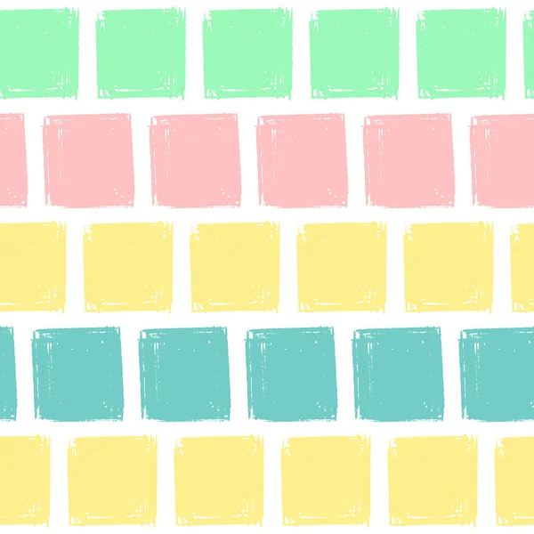 手绘方形图案儿童蓝色，粉红色，薄荷，黄色。矢量无尽的背景铅笔纹理的正方形 — 图库矢量图片