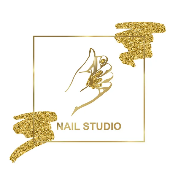 Emblema de ouro vetorial com uma mão feminina em um estilo linear minimalista na moda . —  Vetores de Stock
