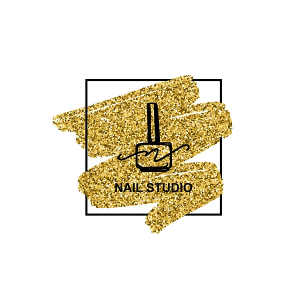 Nail polish logo with golden glitter texture in a trendy minimalist linear style. — Stock Vector