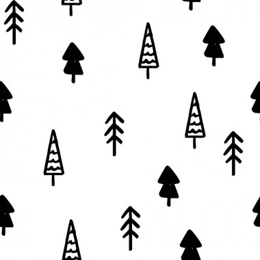 Doodle tarzında El Çiz Noel Ağacı Dikişsiz Desen çizin. Vektör Monokrom Sonsuz Arka Plan