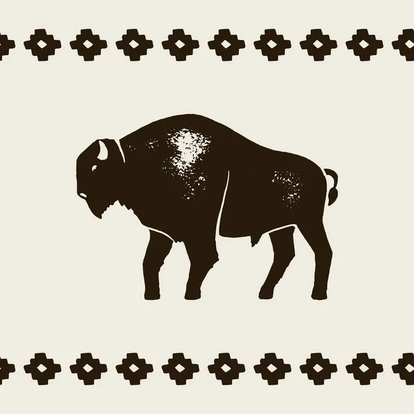 Ikone der Bisonsilhouette. Vektor Hand Draw Bison Symbol von Amerika im Retro-Stil mit Grunge-Textur — Stockvektor