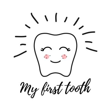 kawaii diş kontur Hattı. Beyaz Arka Planda Izole Edilmiş Mutlu diş Yüzünün Vektör illüstrasyonu.