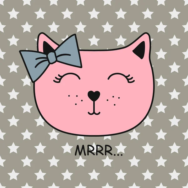 お辞儀をしたかわいい猫の顔。灰色の星の背景にピンクの猫の肖像画のベクトルイラスト. — ストックベクタ