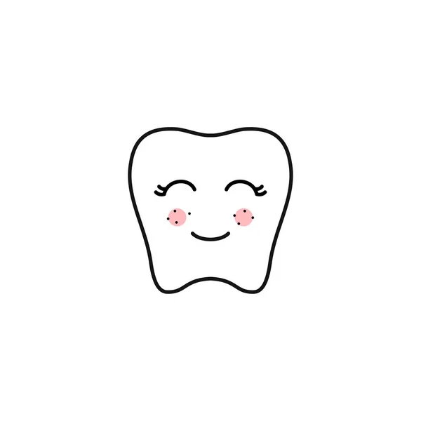 Línea de contorno de dientes kawaii. Ilustración vectorial de la cara del diente feliz aislada sobre fondo blanco . — Archivo Imágenes Vectoriales