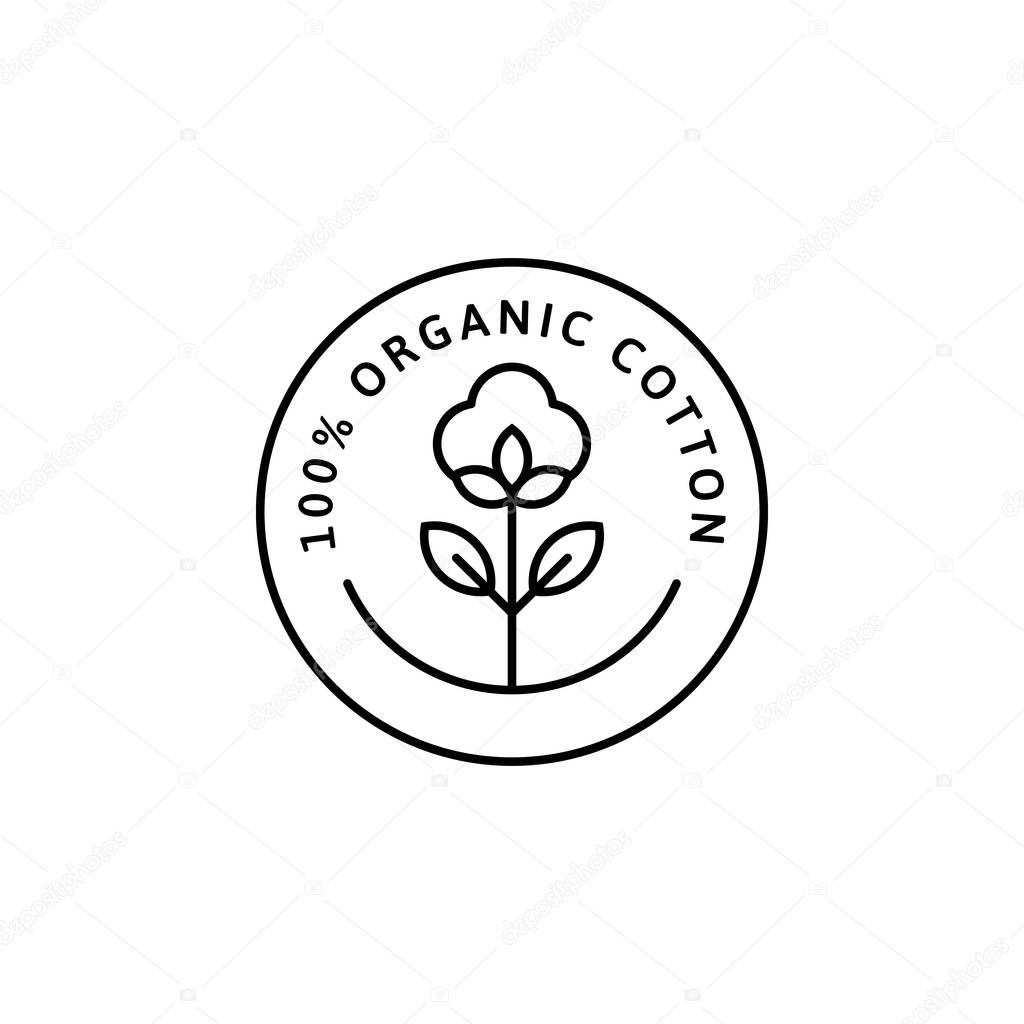 Natural Organic Cotton Liner labels and badges - Vector Round Icon, Sticker, Logo, Stamp, Tag Cotton Flower Isolated on White Background - Natural Cloth Logo Plants Stamp Organic Textiles.