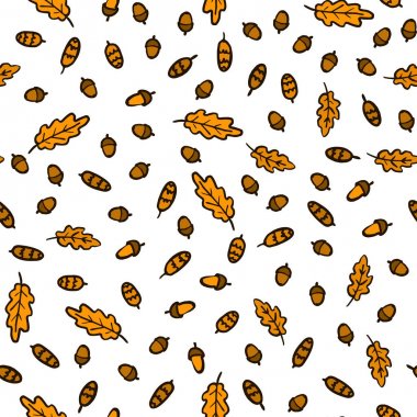 El Çiz Sonbahar Meşe Yaprakları Meşe Palamudu ve çam Kozalağı Desen. Turuncu ve Kahverengi yaprak düşme Vektör Sonsuz Arka Plan.