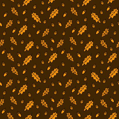 El Çiz Sonbahar Meşe Yaprakları Meşe Palamudu ve çam Kozalağı Desen. Turuncu ve Kahverengi yaprak düşme Vektör Sonsuz Arka Plan.