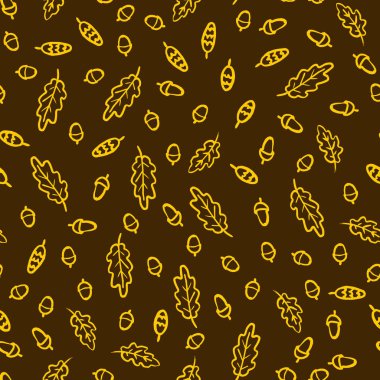 El Çiz Sonbahar Meşe Yaprakları Meşe Palamudu ve çam Kozalağı Desen. Turuncu ve Kahverengi yaprak düşme Vektör Sonsuz Arka Plan.