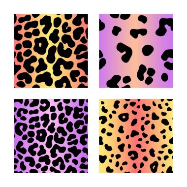 Pastel mor ve turuncu degrade 4 leopar dikişsiz desenler ayarlayın. Hayvan Baskı 90 tarzı. Vektör Çita baskı.