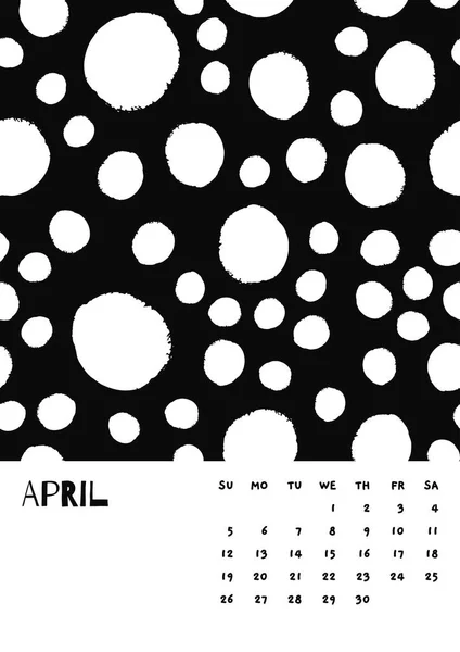2020年4月 英語カレンダー 抽象ベクトル手描きドット黒と白。週は日曜日から始まります。モノクロミニマリズムスタイル. — ストックベクタ