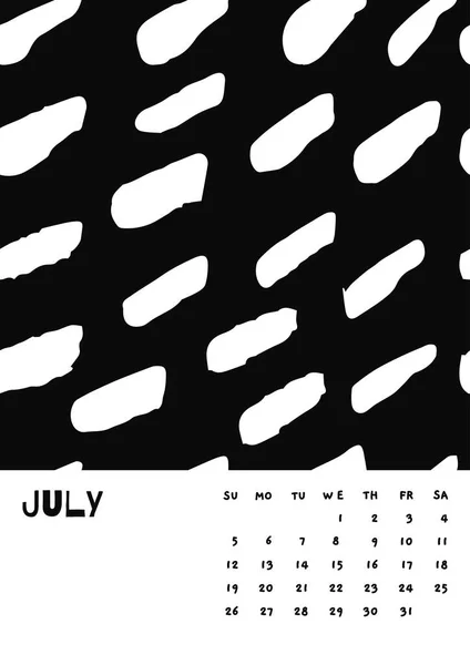 2020 Juillet Français Calendrier Abstrait Vector Hand Draw coup de pinceau noir et blanc. La semaine commence dimanche. Style minimalisme monochrome — Image vectorielle