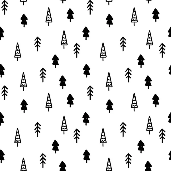 Dessin à la main arbre de Noël Modèle sans couture dans les couleurs noir et blanc. Vecteur monochrome simple fond scandinave . — Image vectorielle